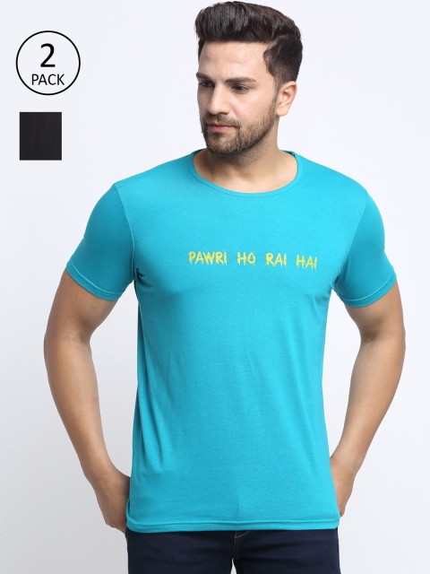 

VIMAL JONNEY Men Turquoise Blue & Black Typography Printed Set of 2 T-shirt