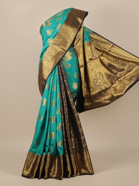 Pothys Turquoise Blue & Gold-Toned Woven Design Zari Jute Silk Saree