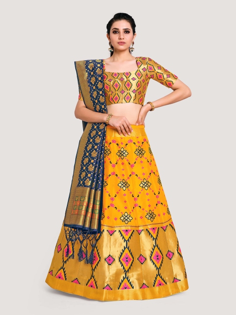 

MIMOSA Women Yellow & Navy Blue Semi-Stitched Lehenga & Unstitched Blouse With Dupatta