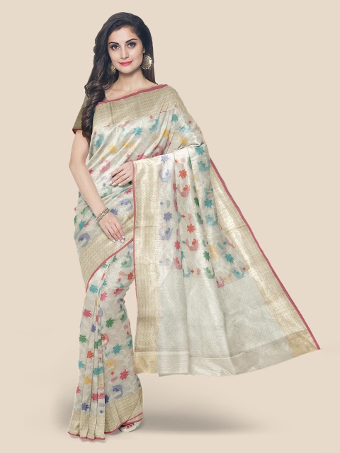 

KLM Fashion Mall Cream & Pink Ethnic Motifs Banarasi Saree