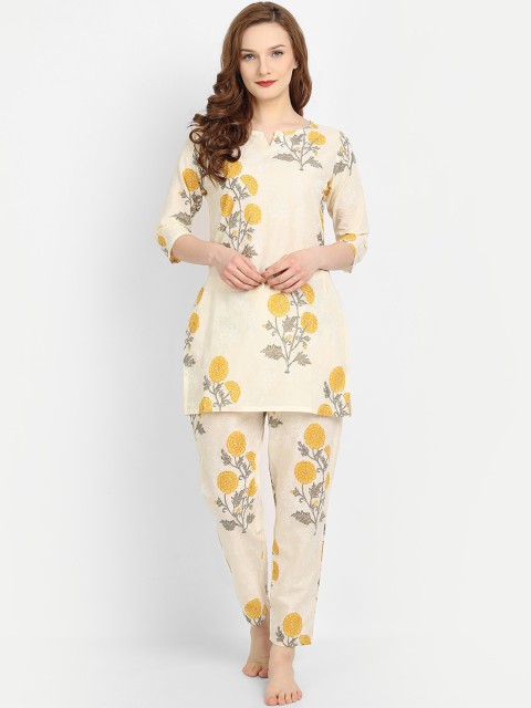 

Anubhutee Women Off White & Yellow Printed Night suit