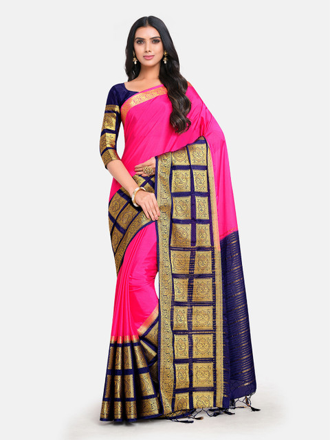 

MIMOSA Pink & Gold-Toned Woven Design Mysore Silk Saree With Tasseled Pallu