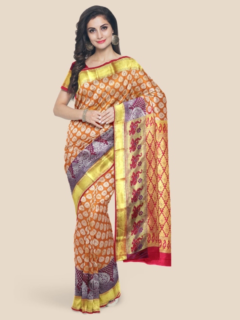 

Kalamandir Mustard & Pink Ethnic Motifs Zari Silk Blend Kanjeevaram Saree
