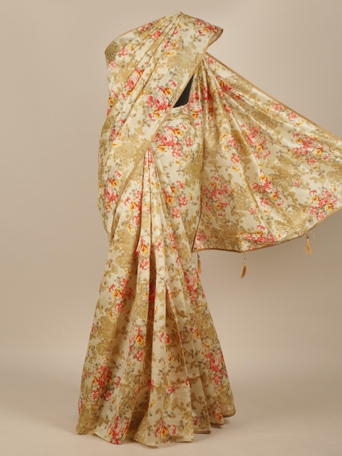 Pothys Women Cream & Red Floral Printed Saree with Tasseled Pallu