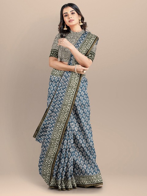 

BharatSthali Blue & Olive Green Batik Silk Cotton Saree