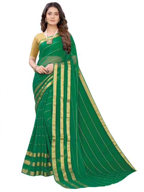 

KALINI Green & Gold-Toned Striped Zari Pure Chiffon Saree
