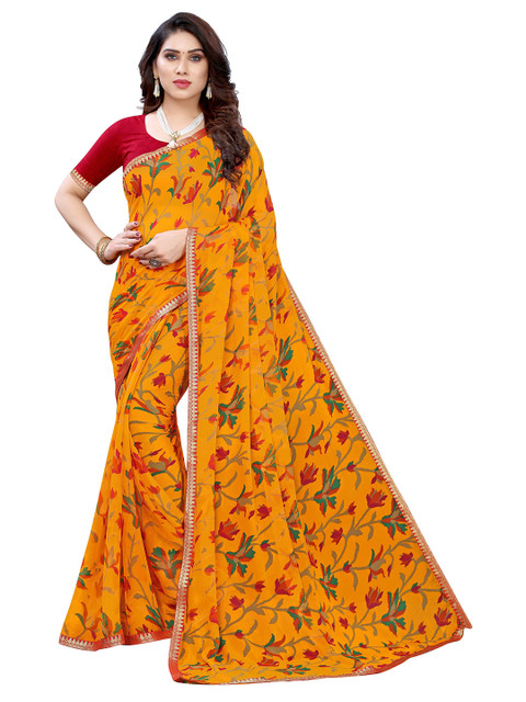 

KALINI Yellow & Red Floral Pure Chiffon Saree