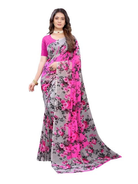 

KALINI Pink & Grey Floral Printed Pure Chiffon Saree