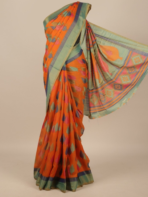 

Pothys Orange & Blue Floral Jute Silk Saree