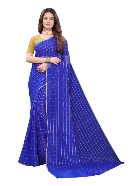 

KALINI Blue & Gold-Toned Checked Pure Chiffon Saree