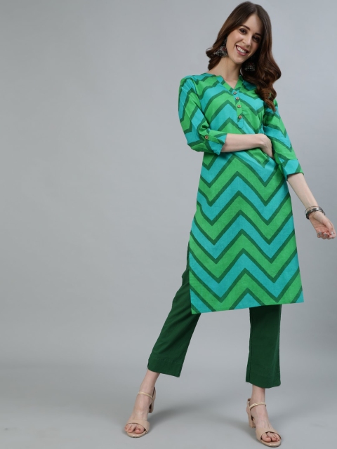 

Ishin Women Sea Green Embroidered Layered Pure Cotton Kurti with Trousers