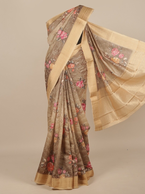 

Pothys Tan Floral Embroidered Jute Silk Saree