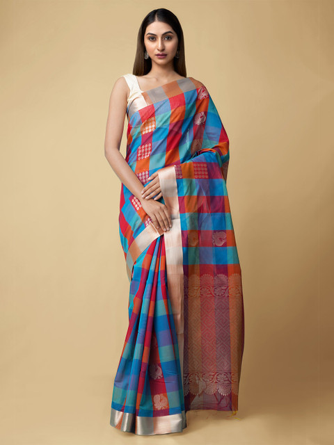 

Unnati Silks Blue & Red Checked Silk Cotton Handloom Bangalore Baluchari Saree