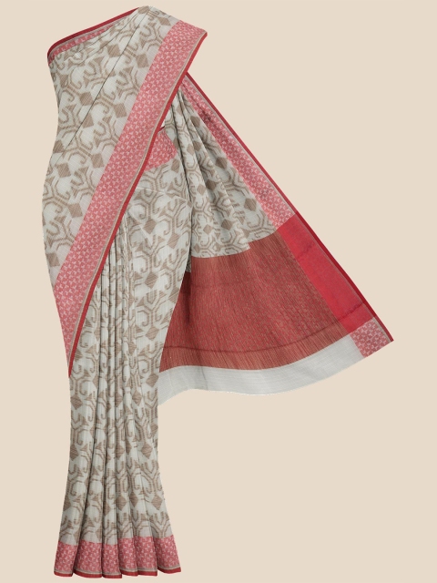 

KLM Fashion Mall Cream & Pink Woven Design Zari Pure Cotton Saree