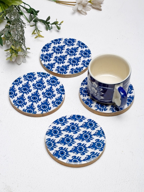 

Fabindia Set Of 4 Blue & White Printed Enamelled Wood Coasters