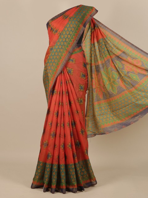 

Pothys Peach & Green Ethnic Motifs Jute Silk Saree