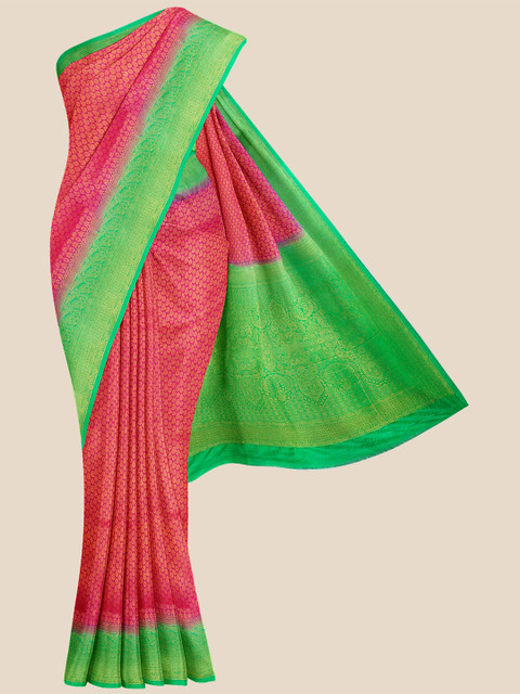 

KLM Fashion Mall Pink & Green Woven Design Silk Blend Banarasi Saree