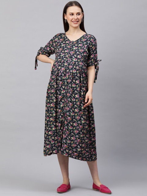 

MomToBe Navy Blue Floral A-Line Midi Maternity Dress