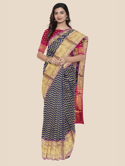 

Kalamandir Navy Blue & Pink Striped Zari Silk Blend Saree