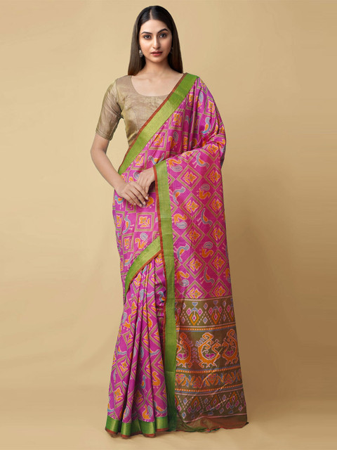

Unnati Silks Pink & Green Ethnic Motifs Zari Art Silk Patola Saree