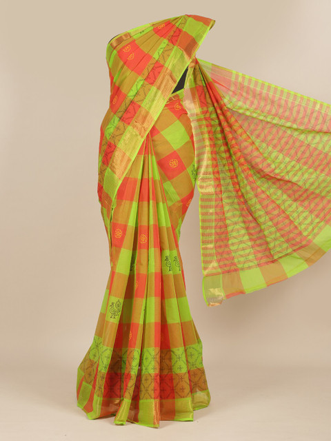 

Pothys Fluorescent Green & Orange Checked Pure Cotton Saree