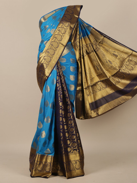 

Pothys Blue & Gold-Toned Woven Design Jute Silk Half and Half Saree