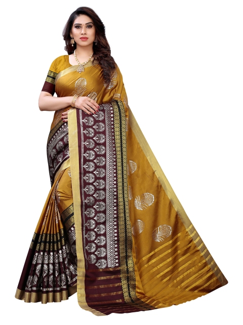 

KALINI Mustard Yellow & Maroon Ethnic Motifs Zari Art Silk Saree