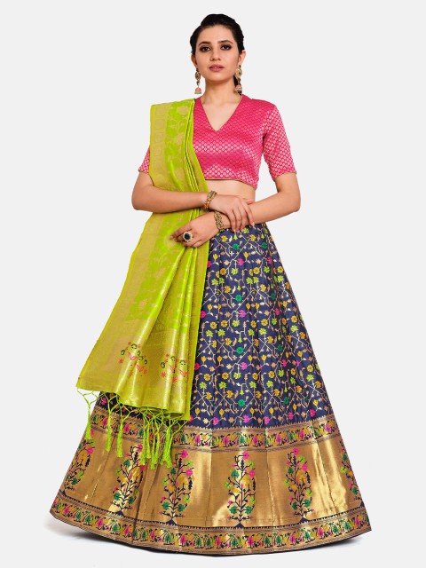 

MIMOSA Navy Blue & Pink Semi-Stitched Lehenga & Blouse with Dupatta