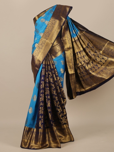 

Pothys Blue & Gold-Toned Floral Zari Jute Silk Half and Half Saree