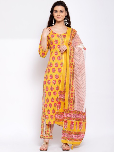

Yuris Women Yellow Ethnic Motifs Printed Pure Cotton Kurta with Trousers & Dupatta