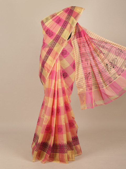 

Pothys Pink & Yellow Checked Pure Cotton Saree