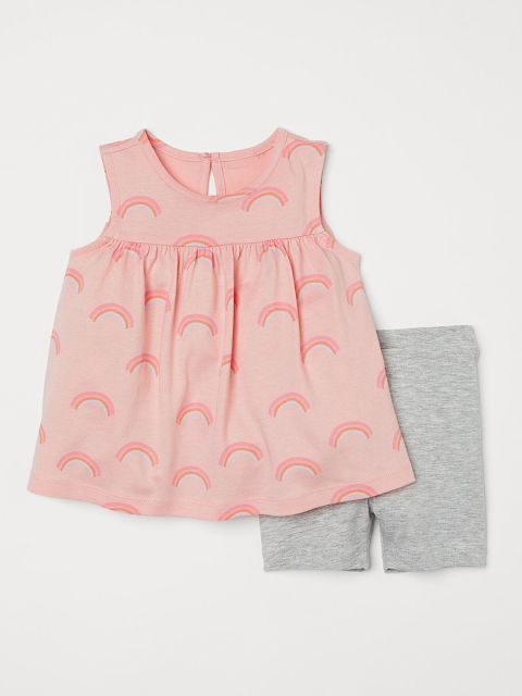 H&M Girls Grey & Pink Printed Top with Shorts