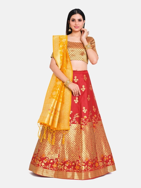 

MIMOSA Women Yellow & Red Semi-Stitched Lehenga & Unstitched Blouse With Dupatta