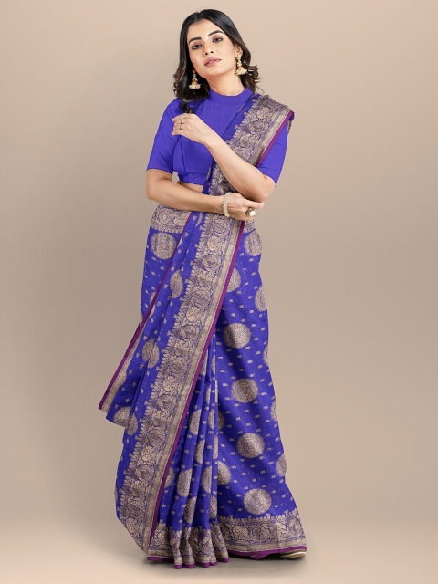 

BharatSthali Blue & Gold-Toned Ethnic Motifs Banarasi Saree