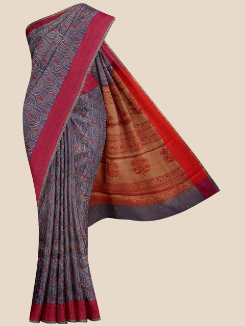 

KLM Fashion Mall Navy Blue & Red Zari Silk Blend Banarasi Saree