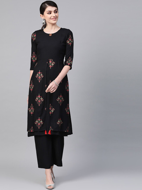 

ZIYAA Women Black Floral Printed Layered Kurti with Trousers