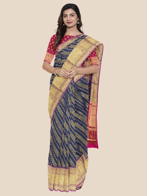 

Kalamandir Navy Blue & Gold-Toned Woven Design Silk Blend Banarasi Saree