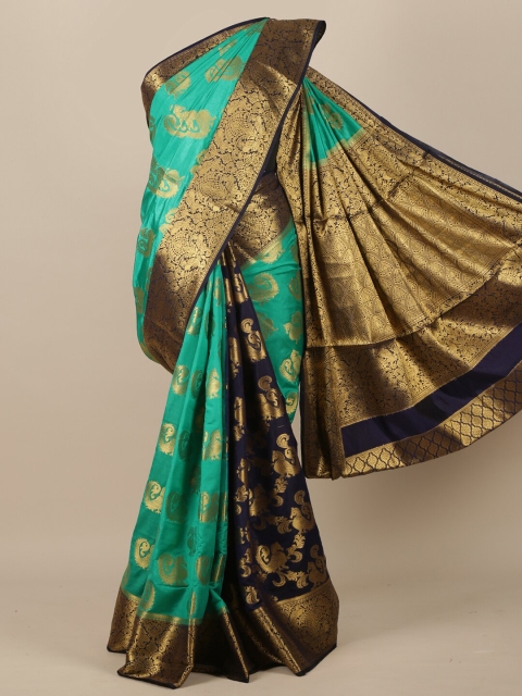 

Pothys Sea Green & Navy Blue Ethnic Motifs Zari Jute Silk Saree