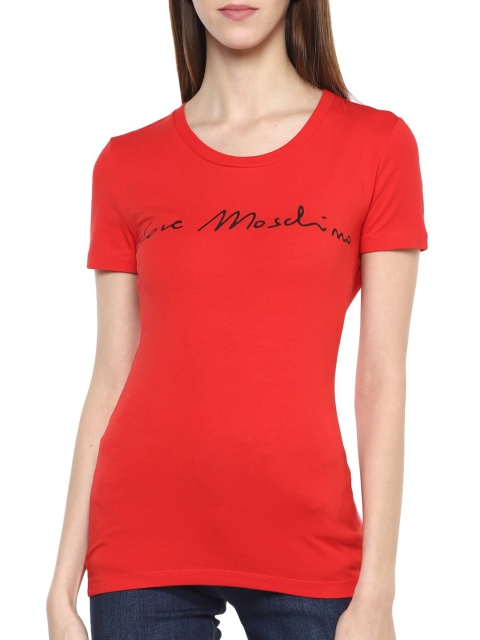 

LOVE MOSCHINO Women Red Typography Printed Slim Fit Pure Cotton T-shirt