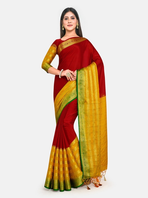 

MIMOSA Maroon & Gold-Toned Woven Design Zari Mysore Silk Saree