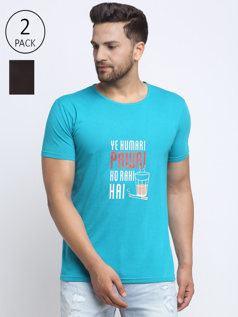 

VIMAL JONNEY Men Turquoise Blue Typography Printed T-shirt - Pack of 2