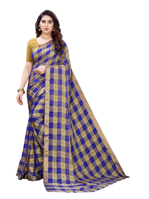 

KALINI Blue & Gold-Toned Checked Zari Pure Chiffon Saree
