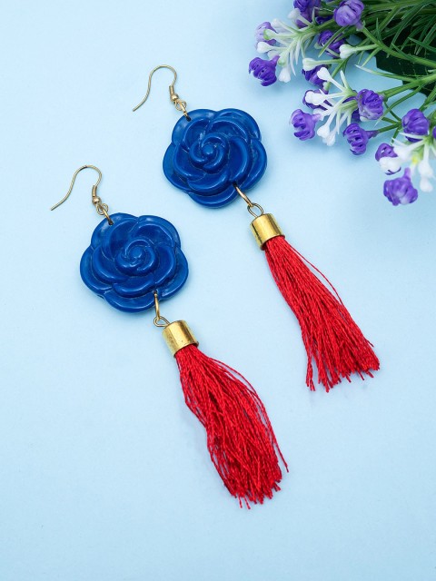 

Golden Peacock Blue & Red Tasselled Floral Drop Earrings