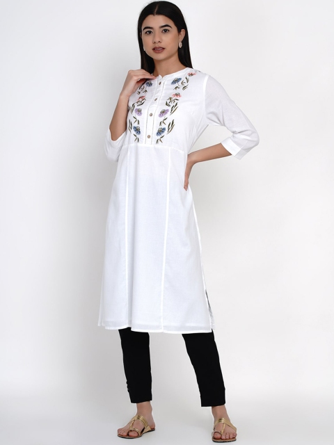 

IX IMPRESSION Women White Floral Embroidered Keyhole Neck Flared Sleeves Thread Work Kurta