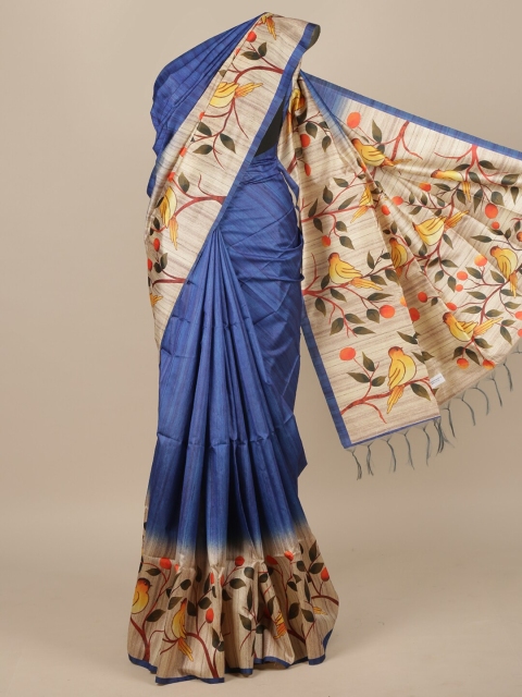 

Pothys Blue & Cream-Coloured Floral Jute Silk Saree