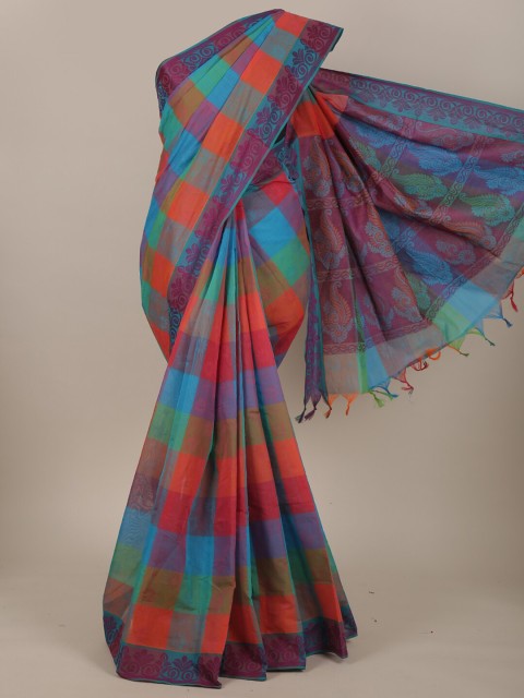 

Pothys Purple & Red Checked Pure Cotton Saree