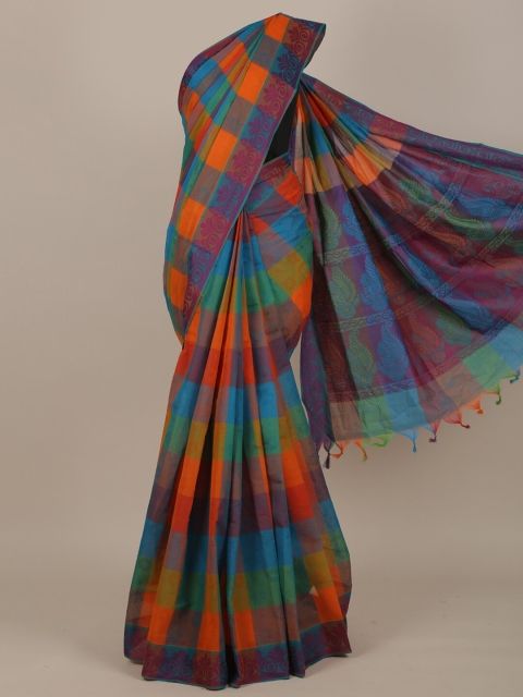 

Pothys Orange & Blue Checked Pure Cotton Saree