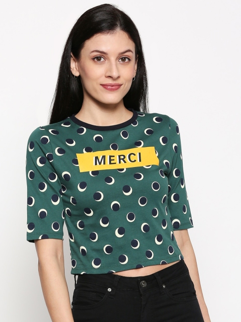 

People Women Olive Cotton Typography & Geometric Printed Crop T-shirt