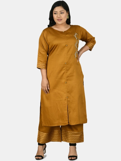 

DesiNoor com Plus Size Women Mustard Brown Straight Kurta with Palazzos