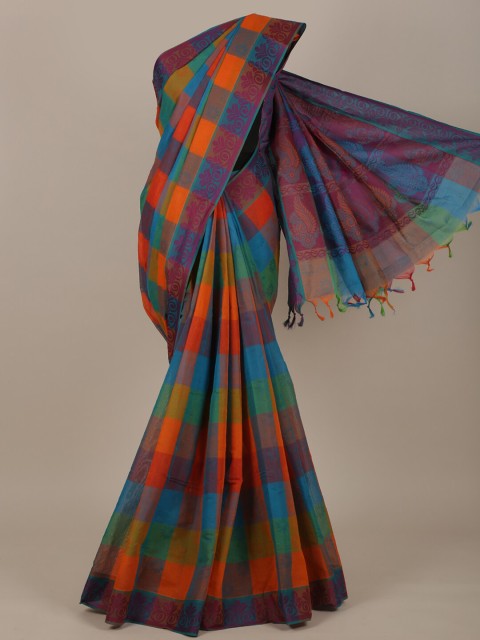 

Pothys Orange & Blue Checked Pure Cotton Saree